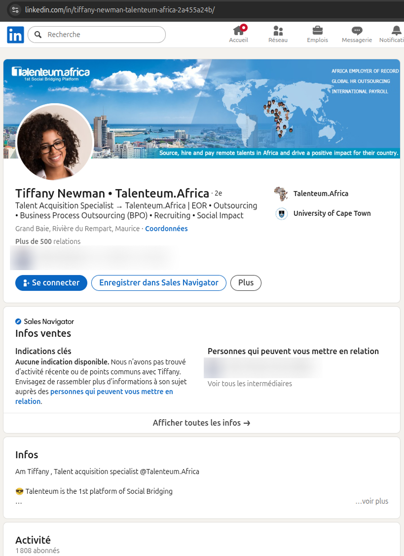 Faux profil LinkedIn Talenteum de Tiffany Newman