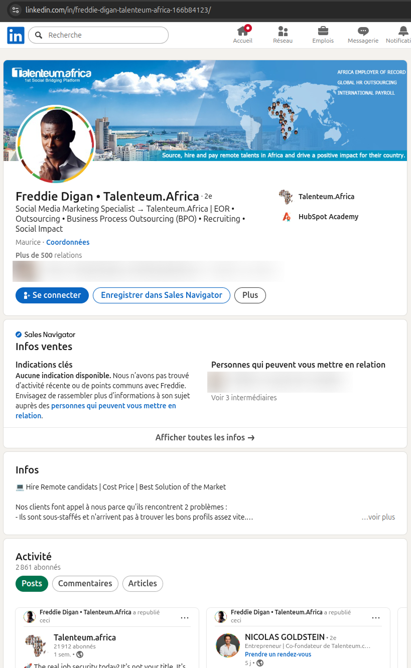 Faux profil LinkedIn Talenteum de Freddie Digan