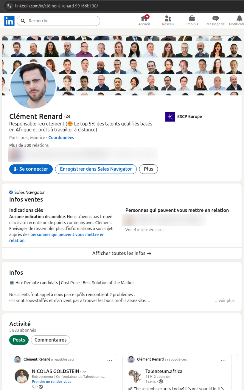 Faux profil LinkedIn Talenteum de Clément Renard