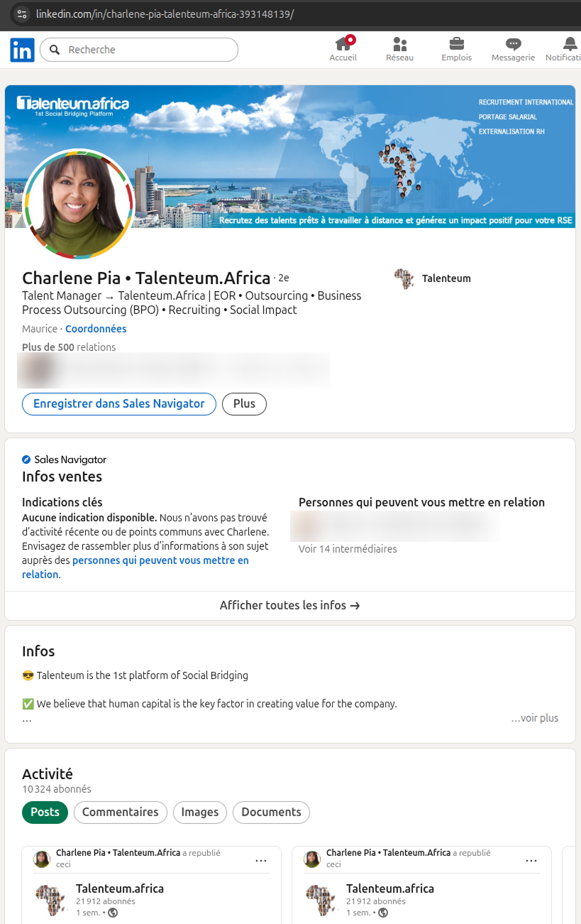 Faux profil LinkedIn Talenteum de Charlene Pia