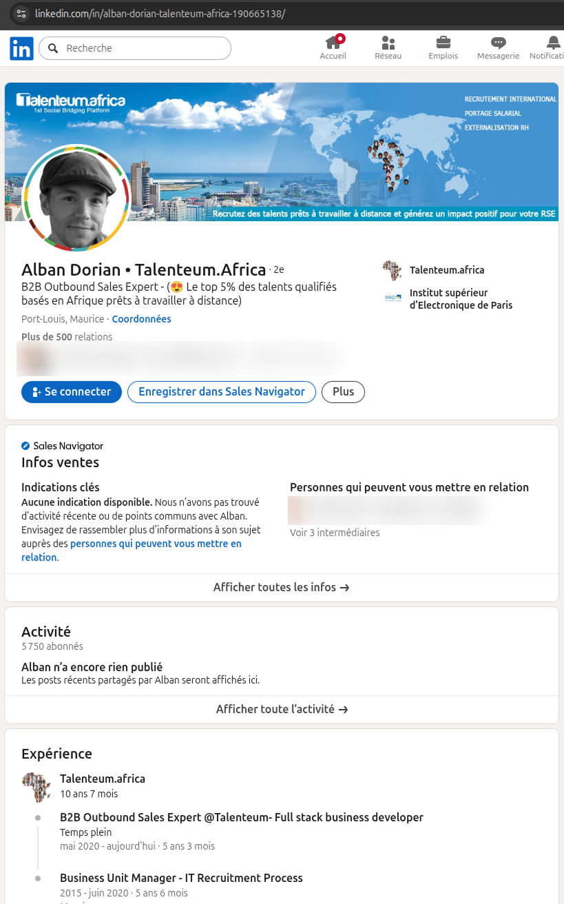 Faux profil LinkedIn Talenteum de Alban Dorian